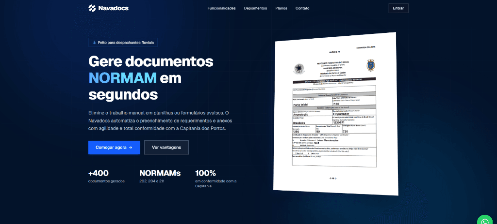 Interface da plataforma Navadocs - Geração de documentos NORMAM